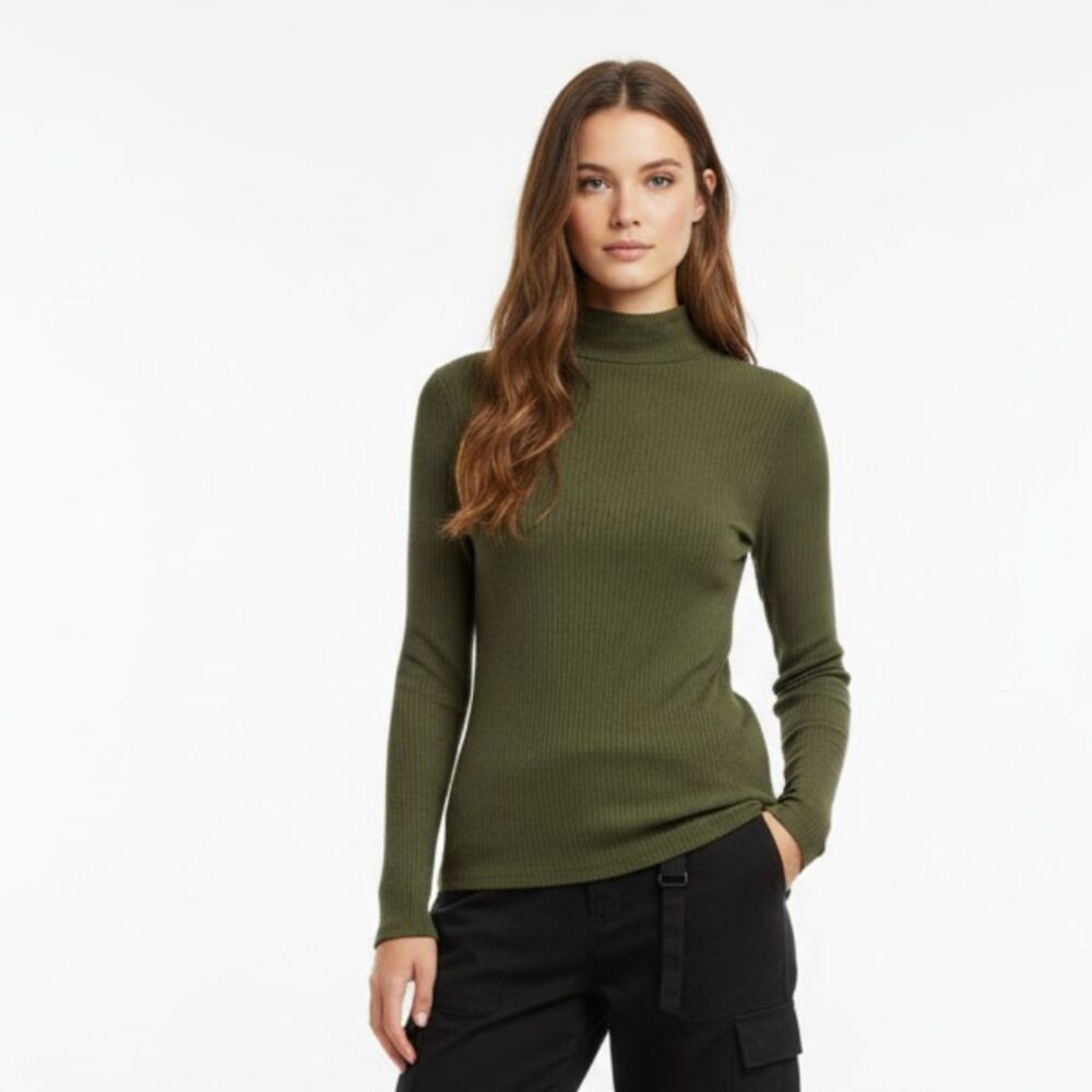 Rachel Zoe Green Ribbed Long Sleeve Mock Turtleneck Top M